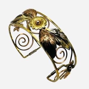 Vintage Krementz Leaf and Flower Cuff Bracelet 14K Gold Filled